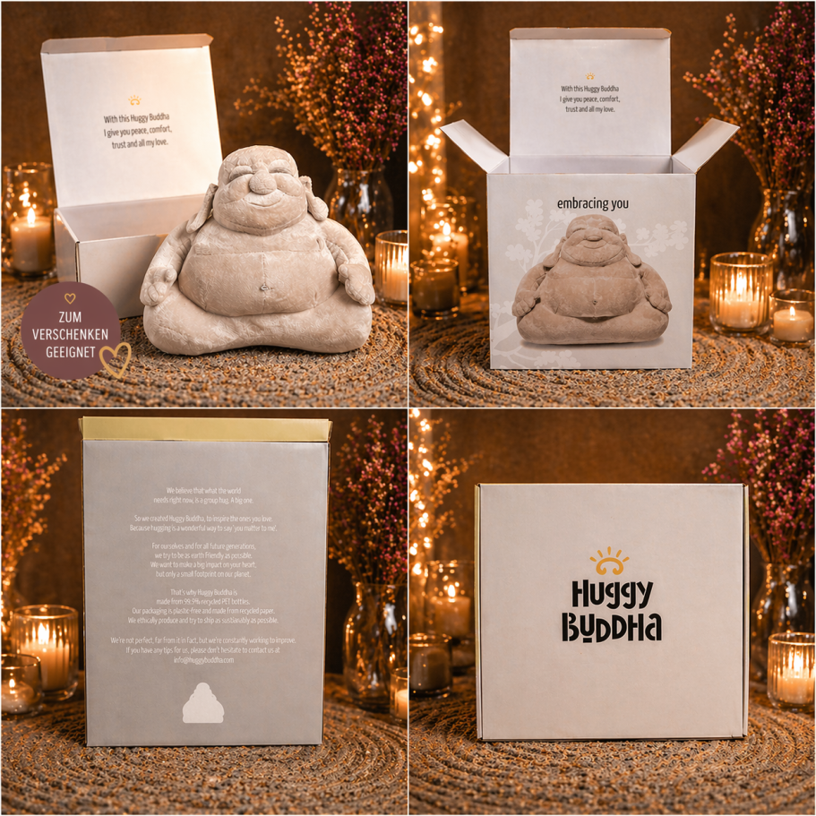 Buddha Figur mit Verpackung in vier Ansichten mit Produktdetails und Darstellung der Box
