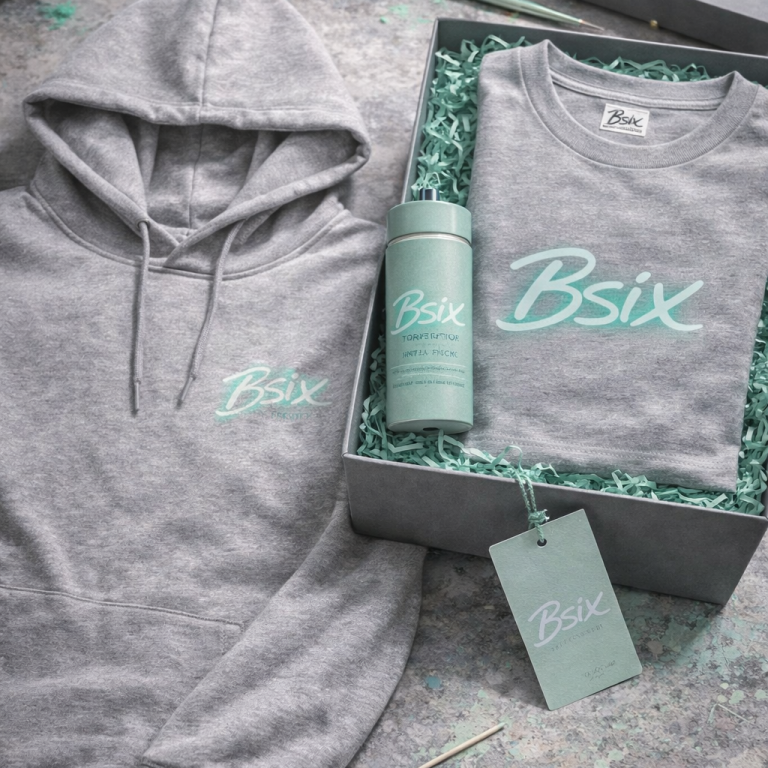 Grauer Hoodie und graues T-Shirt mit BSix®-Schriftzug, arrangiert in Geschenkbox mit Flasche
