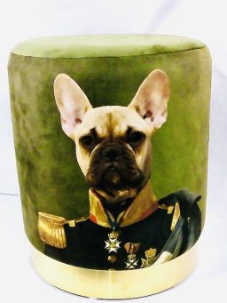 Grüner Design-Hocker mit humorvollem Motiv einer französischen Bulldogge im Uniform-Art-Print, dekoratives Wohnaccessoire.