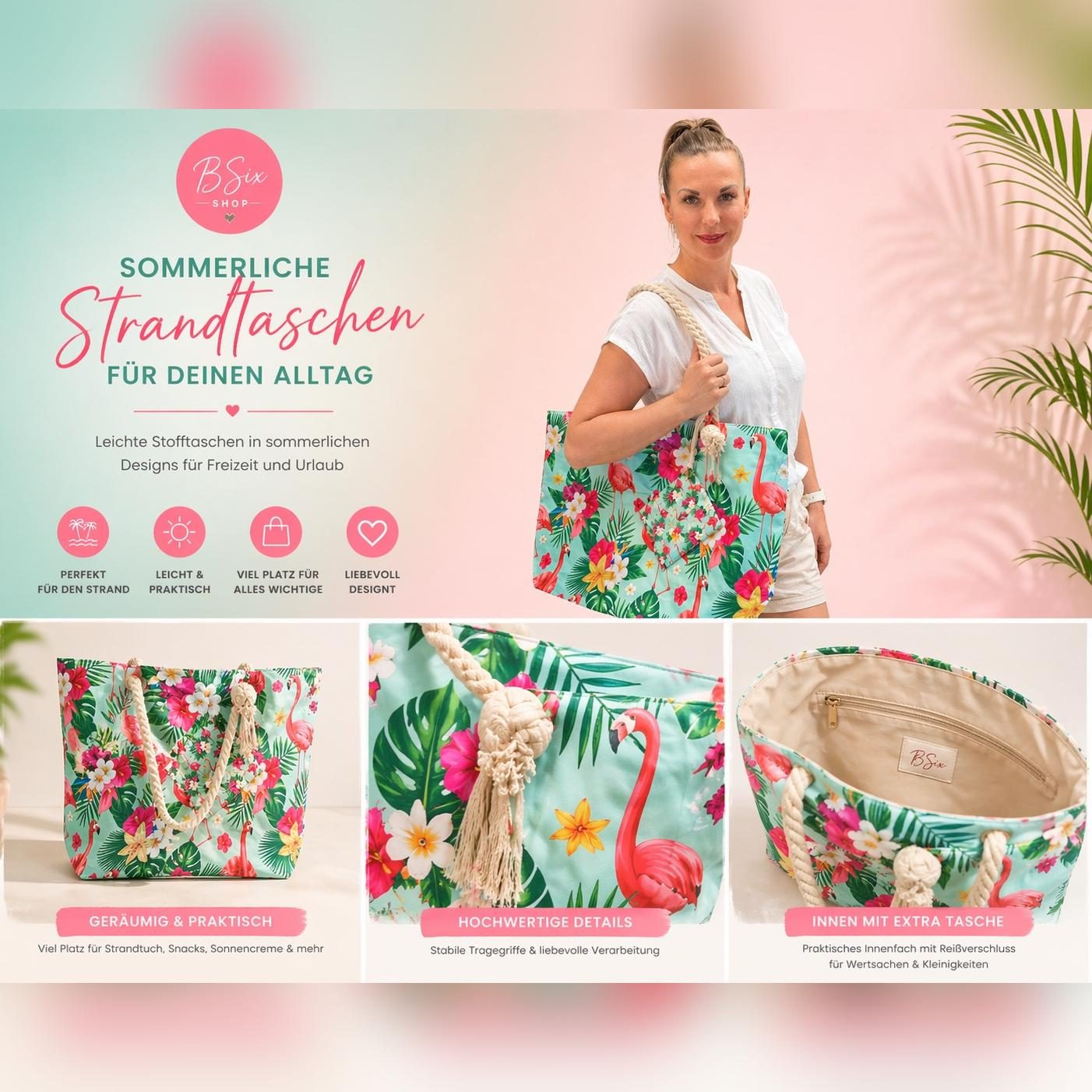Übersicht sommerlicher Stofftaschen mit Flamingo- und Blumenmuster sowie Detailansichten und Innenfach